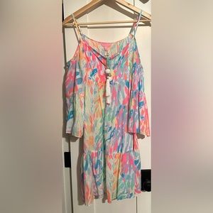 Lily Pulitzer small tropical dress with shoulder straps and ruffle sleeves